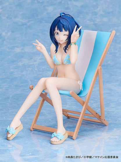 Makeine: Too Many Losing Heroines! Anna Yanami figure in a blue bikini, seated on a beach lounge chair, winking and making a peace sign.