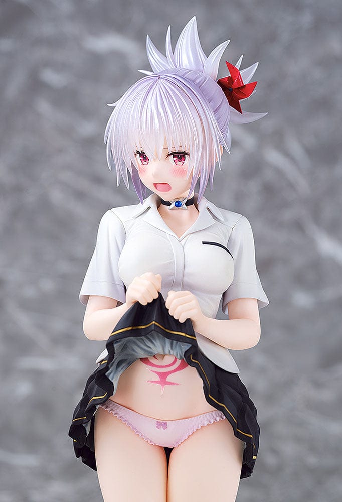 Ayakashi Triangle Matsuri Kazamaki 1/7 Scale Figure, featuring the character in a dynamic pose, with flowing silver hair and intense eyes, wearing black and white attire, radiating strength and determination.