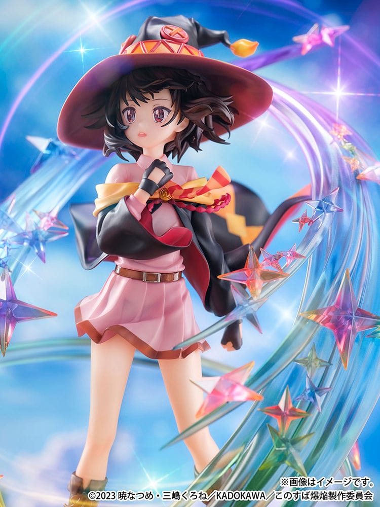1/7 scale Shibuya Scramble figure of Megumin from KonoSuba in the 'Yearning for Explosion Magic Ver.', featuring her casting a spell with colorful magic ribbons and stars surrounding her, wearing her iconic witch's hat and outfit, against a rugged terrain base.