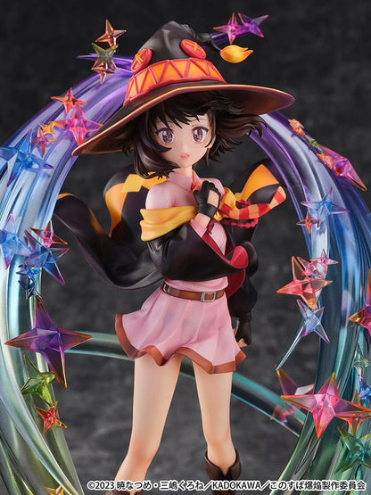 1/7 scale Shibuya Scramble figure of Megumin from KonoSuba in the 'Yearning for Explosion Magic Ver.', featuring her casting a spell with colorful magic ribbons and stars surrounding her, wearing her iconic witch's hat and outfit, against a rugged terrain base.