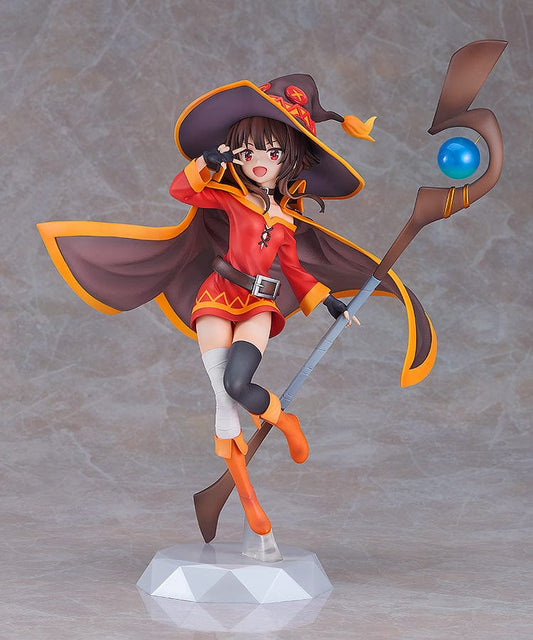 KonoSuba 1/6 scale figure of Megumin in an action pose, wearing her iconic red mage outfit and hat, holding a staff with a glowing blue orb, symbolizing her explosive magic power.