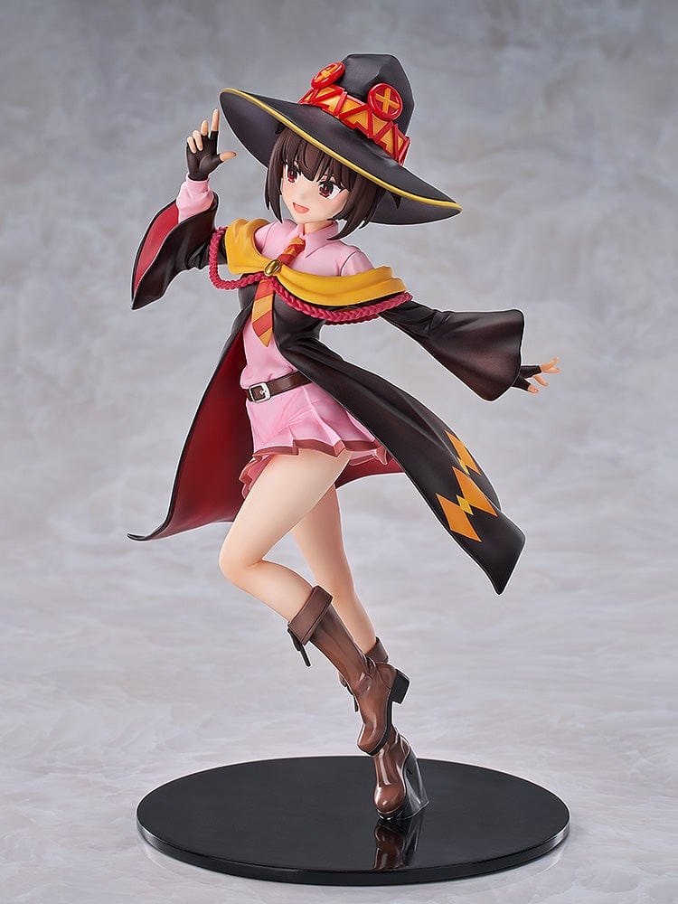 KonoSuba 1/6 scale figure of Megumin in an action pose, wearing her iconic red mage outfit and hat, holding a staff with a glowing blue orb, symbolizing her explosive magic power.