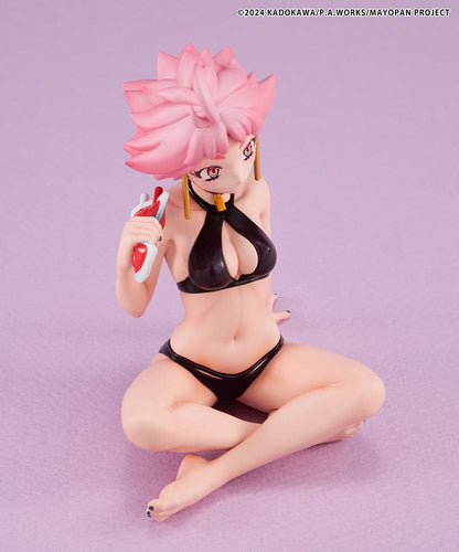 Mayonaka Punch Melty Princess Live (Tenohira) figure wearing a black bikini, seated with a confident expression and holding a drink.