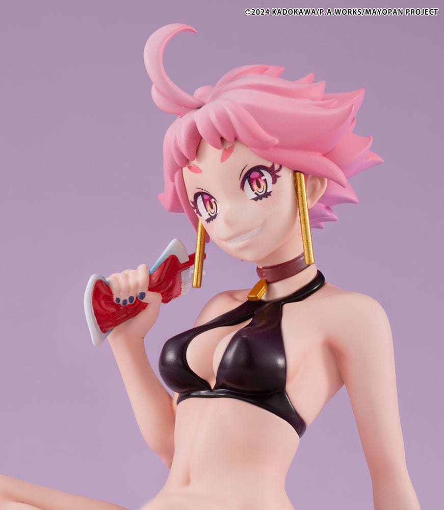 Mayonaka Punch Melty Princess Live (Tenohira) figure wearing a black bikini, seated with a confident expression and holding a drink.