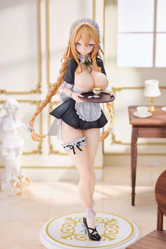 Original Character Milk Time-Yu 1/7 Scale Figure, featuring a cheerful server in a stylish maid outfit, presenting a service tray on an ornate base.