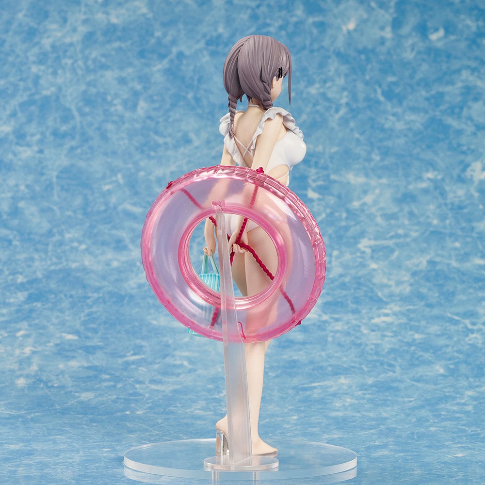 Minori Chigusa Illustration Shino Saotome Figure poised with a light-blue swimsuit and a pink inner tube, exuding a relaxed summer vibe.