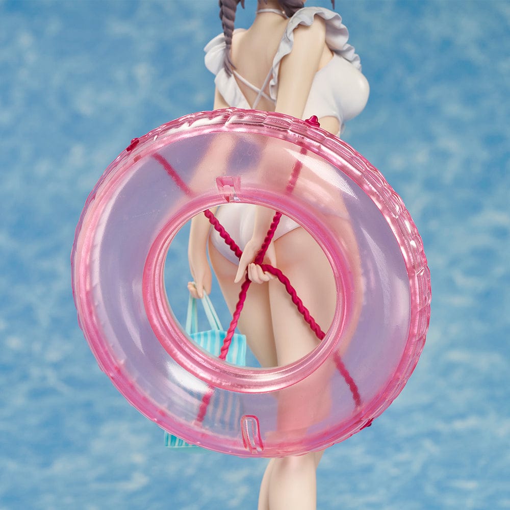 Minori Chigusa Illustration Shino Saotome Figure poised with a light-blue swimsuit and a pink inner tube, exuding a relaxed summer vibe.