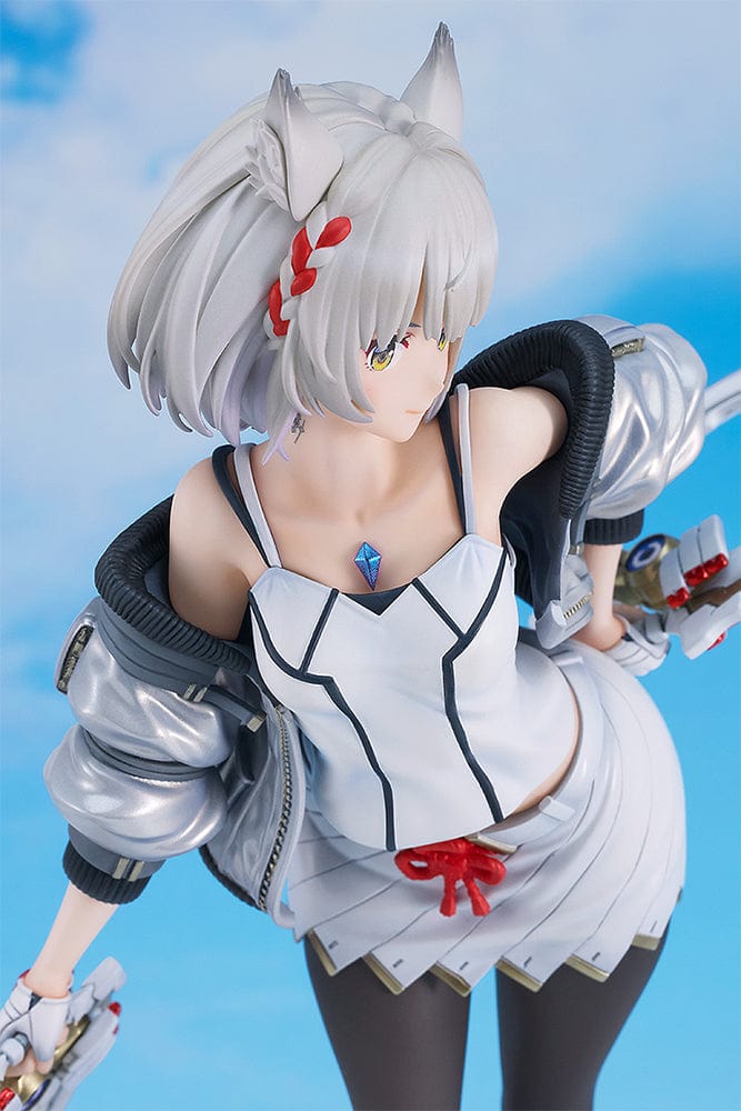 Xenoblade Chronicles 3 Mio 1/7 Scale Figure, featuring Mio in a dynamic pose with silver hair and cat-like ears, holding her ring blade weapon. The figure is intricately detailed, from the texture of her combat attire to her futuristic boots and silver-lined jacket, perfect for collectors and fans of the series.