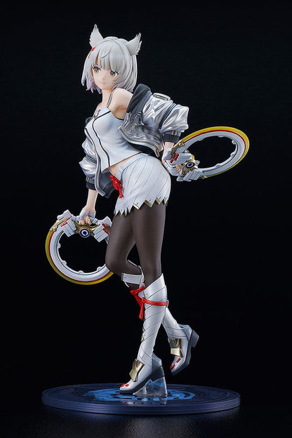 Xenoblade Chronicles 3 Mio 1/7 Scale Figure, featuring Mio in a dynamic pose with silver hair and cat-like ears, holding her ring blade weapon. The figure is intricately detailed, from the texture of her combat attire to her futuristic boots and silver-lined jacket, perfect for collectors and fans of the series.