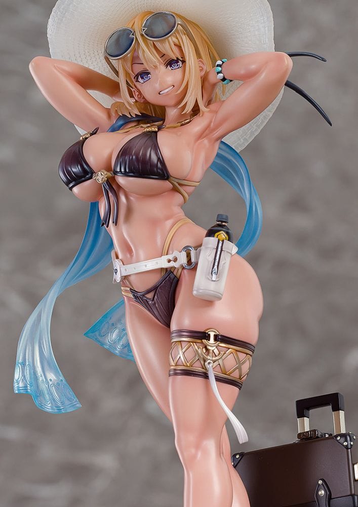 “Illustration Mira (Sunset Ver.) 1/7 scale figure—blonde with blue hair tips in dark bikini, sunhat and sunglasses, standing on sandy base with suitcase.”

