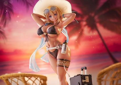 “Illustration Mira (Sunset Ver.) 1/7 scale figure—blonde with blue hair tips in dark bikini, sunhat and sunglasses, standing on sandy base with suitcase.”

