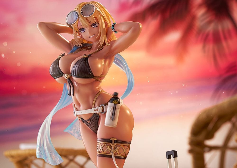 “Illustration Mira (Sunset Ver.) 1/7 scale figure—blonde with blue hair tips in dark bikini, sunhat and sunglasses, standing on sandy base with suitcase.”

