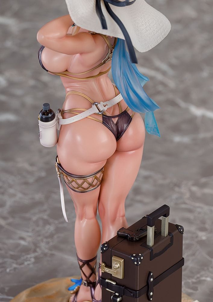 “Illustration Mira (Sunset Ver.) 1/7 scale figure—blonde with blue hair tips in dark bikini, sunhat and sunglasses, standing on sandy base with suitcase.”

