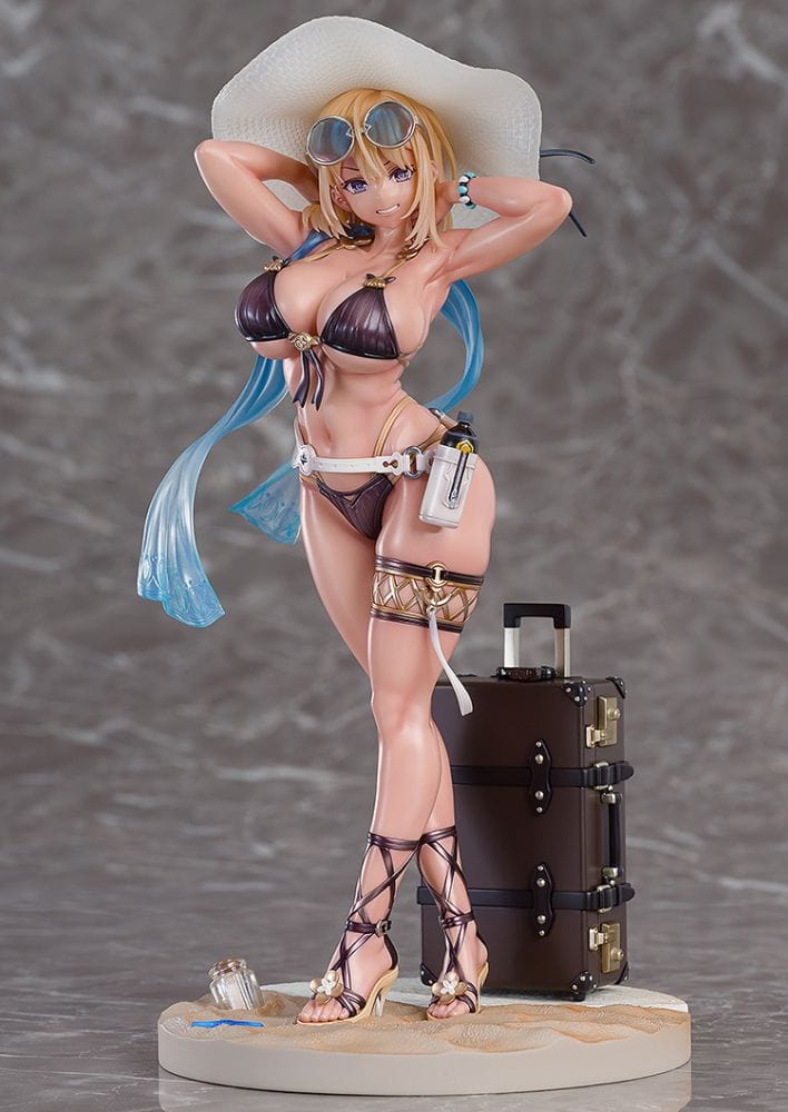 “Illustration Mira (Sunset Ver.) 1/7 scale figure—blonde with blue hair tips in dark bikini, sunhat and sunglasses, standing on sandy base with suitcase.”

