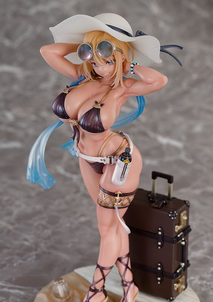 “Illustration Mira (Sunset Ver.) 1/7 scale figure—blonde with blue hair tips in dark bikini, sunhat and sunglasses, standing on sandy base with suitcase.”

