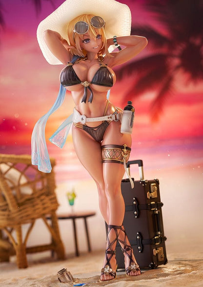 “Illustration Mira (Sunset Ver.) 1/7 scale figure—blonde with blue hair tips in dark bikini, sunhat and sunglasses, standing on sandy base with suitcase.”

