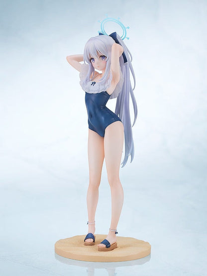 Miyako Tsukiyuki (Swimsuit Memorial Lobby Ver.) 1/7 Scale Figure from Blue Archive in a navy blue swimsuit with silver hair, adjusting her hair with a calm expression