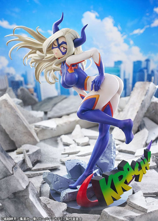 My Hero Academia's Mt. Lady (Hero Suit Ver.) 1/90 scale figure, posed dynamically with flowing white hair and a bold expression, wearing her blue and purple hero costume. The base features a 'KRASH!' sign and realistic rubble, enhancing the action-packed scene.