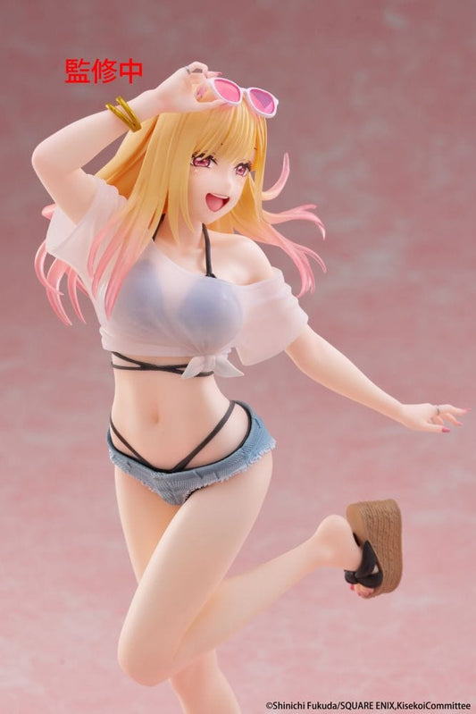 “My Dress-Up Darling Coreful Marin Kitagawa (Swimwear Ver.) figure—sunglasses on head, sheer tied top over black bikini, denim shorts, wedge sandals, clear base.”

