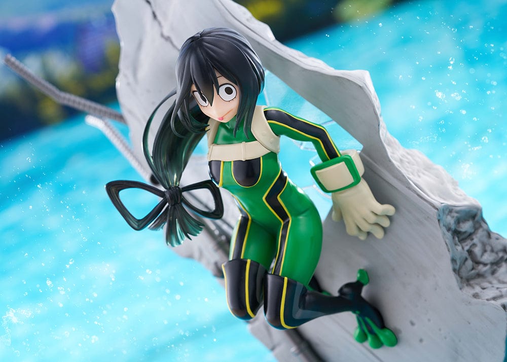 My Hero Academia DRESSTA Statue Figure featuring Tsuyu Asui in a dynamic leaping pose with her green hero costume and water effects.