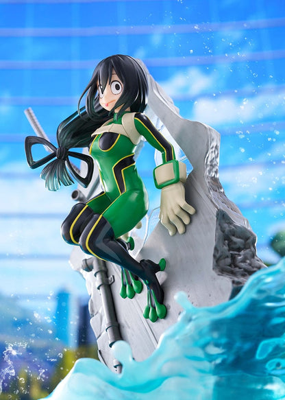 My Hero Academia DRESSTA Statue Figure featuring Tsuyu Asui in a dynamic leaping pose with her green hero costume and water effects.