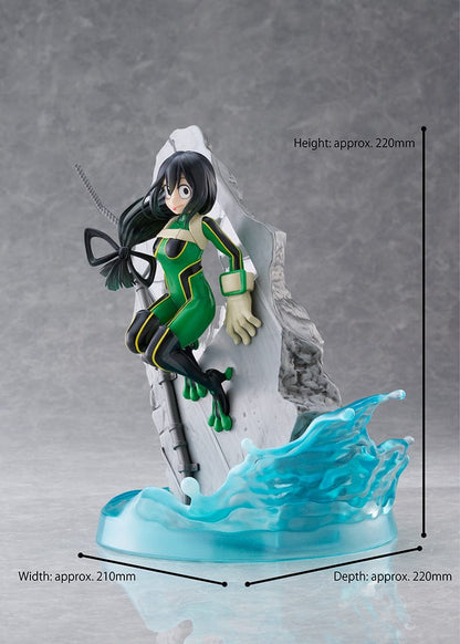 My Hero Academia DRESSTA Statue Figure featuring Tsuyu Asui in a dynamic leaping pose with her green hero costume and water effects.