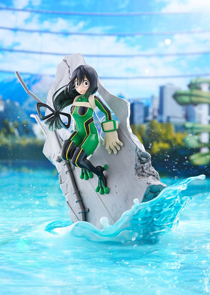 My Hero Academia DRESSTA Statue Figure featuring Tsuyu Asui in a dynamic leaping pose with her green hero costume and water effects.