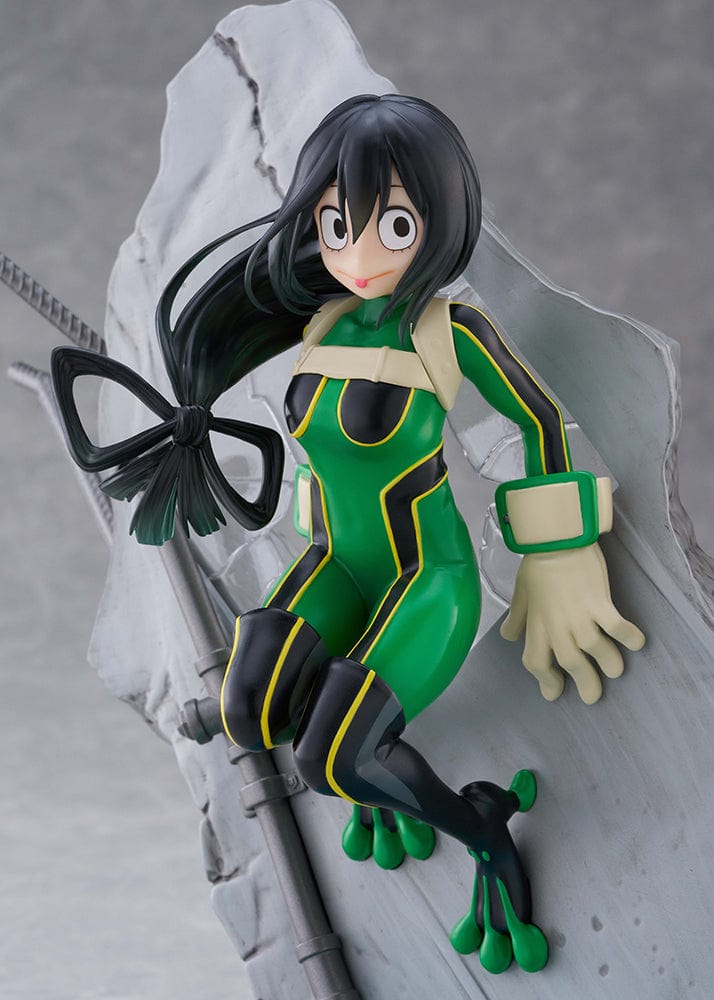 My Hero Academia DRESSTA Statue Figure featuring Tsuyu Asui in a dynamic leaping pose with her green hero costume and water effects.