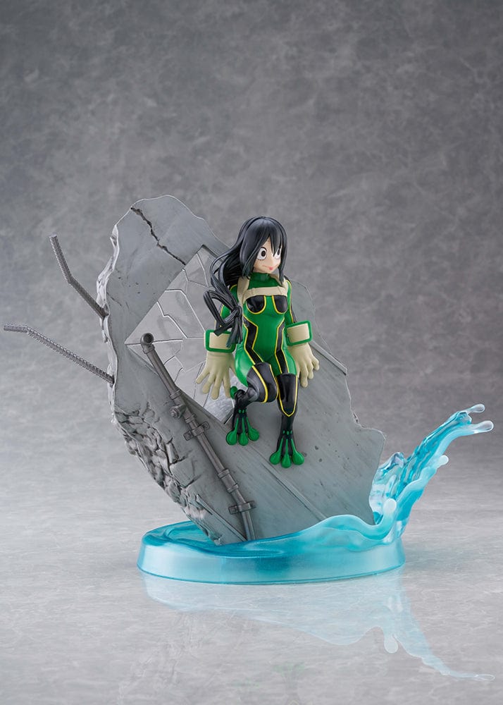 My Hero Academia DRESSTA Statue Figure featuring Tsuyu Asui in a dynamic leaping pose with her green hero costume and water effects.