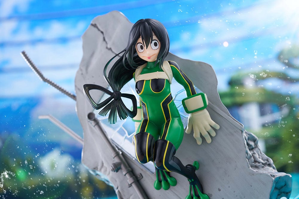 My Hero Academia DRESSTA Statue Figure featuring Tsuyu Asui in a dynamic leaping pose with her green hero costume and water effects.