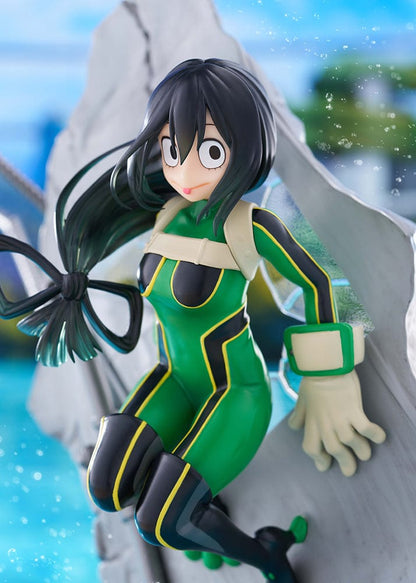 My Hero Academia DRESSTA Statue Figure featuring Tsuyu Asui in a dynamic leaping pose with her green hero costume and water effects.