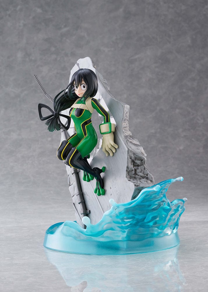 My Hero Academia DRESSTA Statue Figure featuring Tsuyu Asui in a dynamic leaping pose with her green hero costume and water effects.