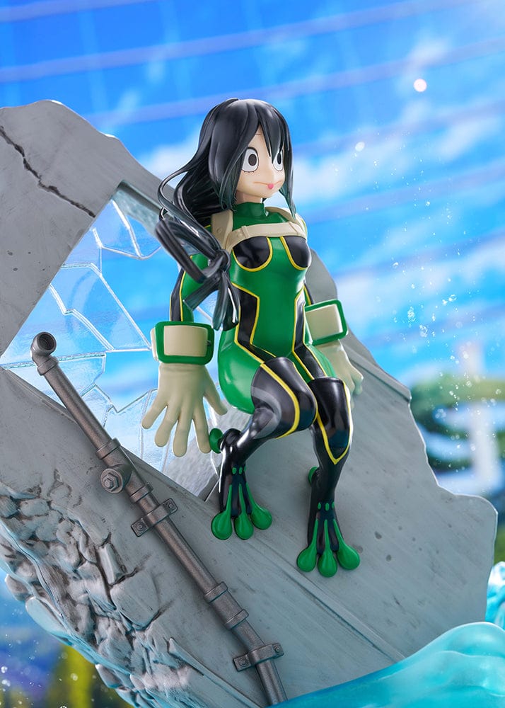 My Hero Academia DRESSTA Statue Figure featuring Tsuyu Asui in a dynamic leaping pose with her green hero costume and water effects.