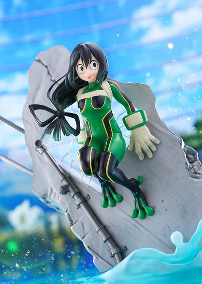 My Hero Academia DRESSTA Statue Figure featuring Tsuyu Asui in a dynamic leaping pose with her green hero costume and water effects.