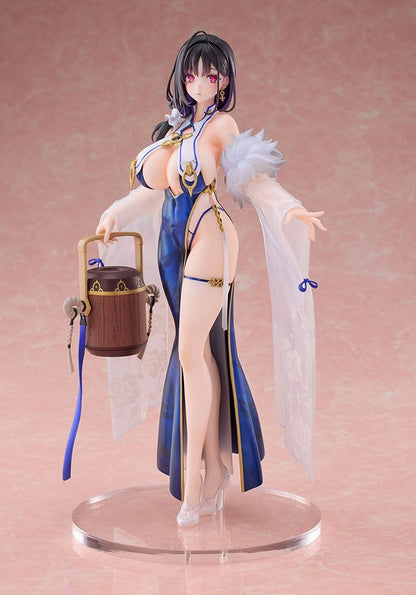 Azur Lane Ting An (Lightweight Ver.) 1/7 Scale Figure in blue and white outfit holding a wooden pail, with translucent sleeves and floral patterns.