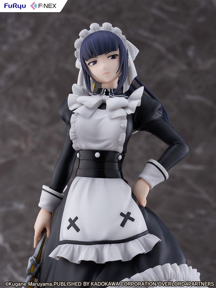 Overlord Narberal Gamma 1/7 scale figure featuring a maid character in black and white attire holding a weapon, with a stern expression and standing on a red base.