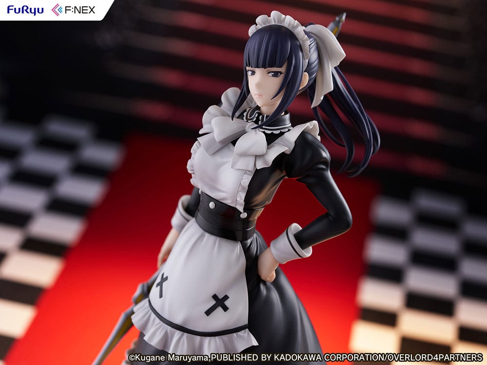 Overlord Narberal Gamma 1/7 scale figure featuring a maid character in black and white attire holding a weapon, with a stern expression and standing on a red base.