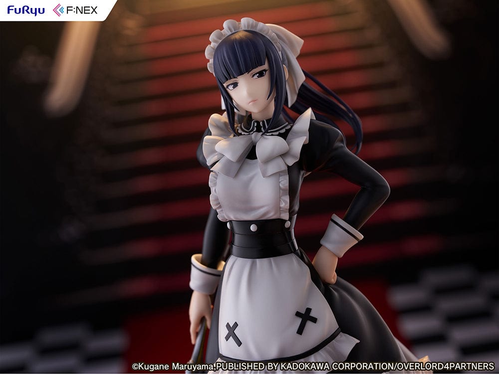 Overlord Narberal Gamma 1/7 scale figure featuring a maid character in black and white attire holding a weapon, with a stern expression and standing on a red base.