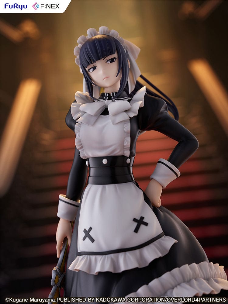 Overlord Narberal Gamma 1/7 scale figure featuring a maid character in black and white attire holding a weapon, with a stern expression and standing on a red base.