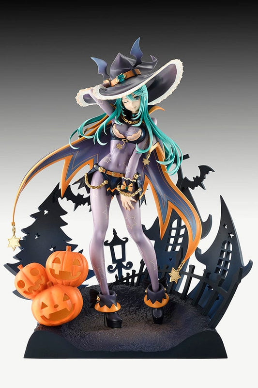 Date A Live Natsumi 1/7 Scale Figure DX Ver. (re-run) stands in a Halloween-themed witch outfit, surrounded by jack-o'-lanterns, against a stylized cityscape, embodying magical charm.