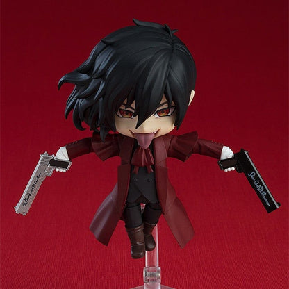 Hellsing Nendoroid No.2149 Alucard Reissue featuring Alucard in a crimson coat, hat, tinted glasses, and dual pistols with a fierce expression.