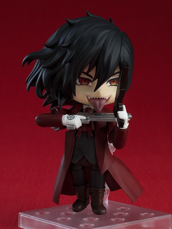 Hellsing Nendoroid No.2149 Alucard Reissue featuring Alucard in a crimson coat, hat, tinted glasses, and dual pistols with a fierce expression.