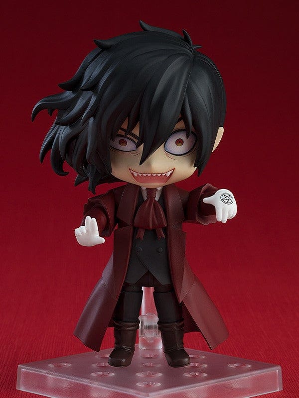 Hellsing Nendoroid No.2149 Alucard Reissue featuring Alucard in a crimson coat, hat, tinted glasses, and dual pistols with a fierce expression.