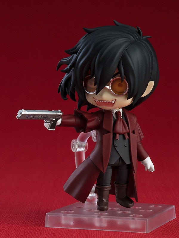 Hellsing Nendoroid No.2149 Alucard Reissue featuring Alucard in a crimson coat, hat, tinted glasses, and dual pistols with a fierce expression.