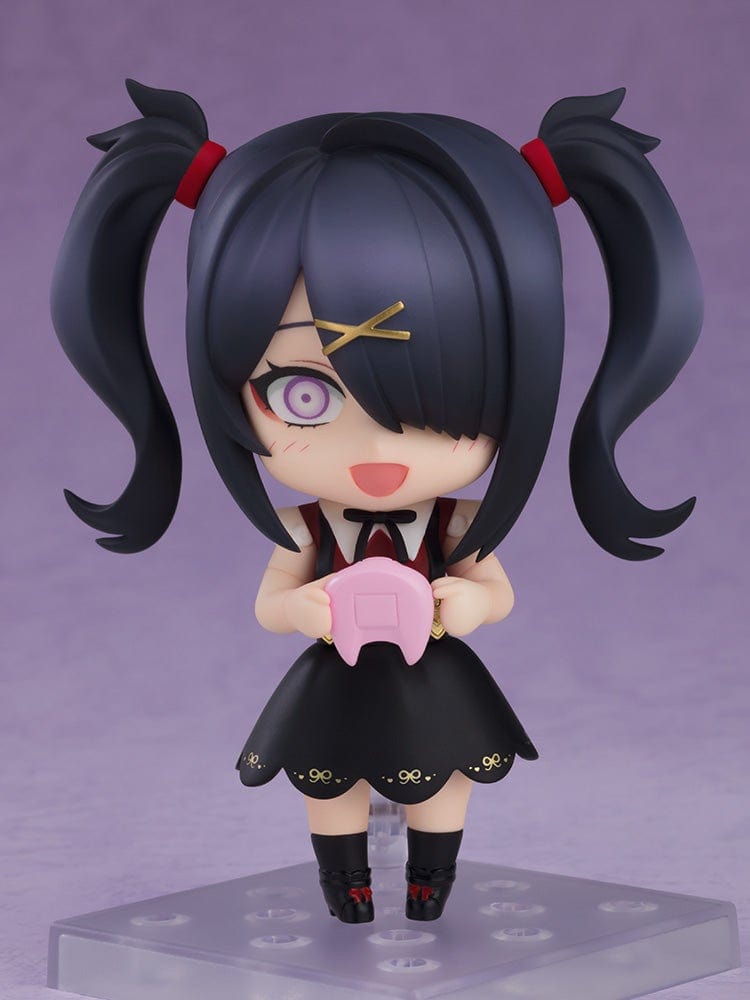 Needy Girl Overdose Nendoroid Ame, featuring her in a black dress with red bow tie and pigtails, standing with a crossed arm pose.