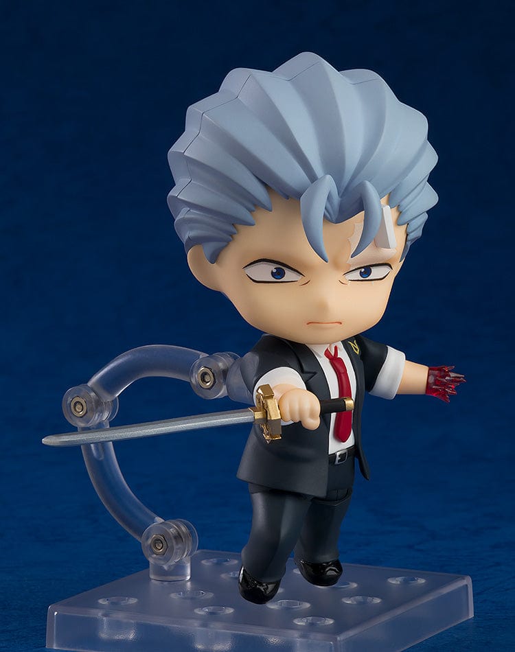 Undead Unluck Nendoroid No.2444 Andy, featuring the character with iconic blue hair and mischievous smile, dressed in his school uniform and making a finger-gun gesture, capturing the essence of the beloved undead character.