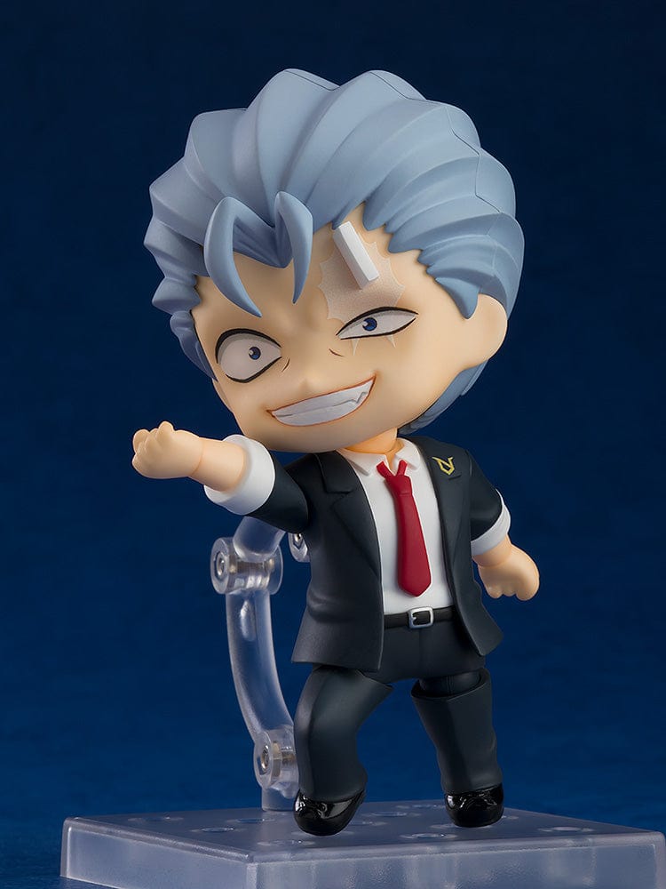 Undead Unluck Nendoroid No.2444 Andy, featuring the character with iconic blue hair and mischievous smile, dressed in his school uniform and making a finger-gun gesture, capturing the essence of the beloved undead character.