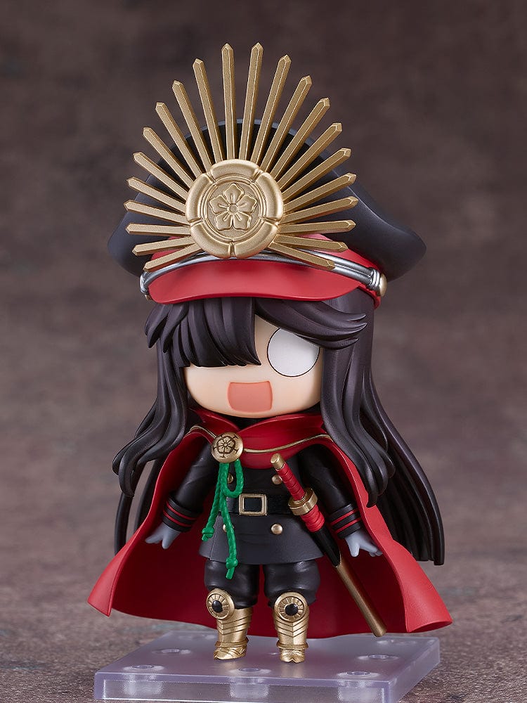 Fate/Grand Order Nendoroid No.2632 Oda Nobunaga (Archer) in black and gold military uniform with red cloak and sword.