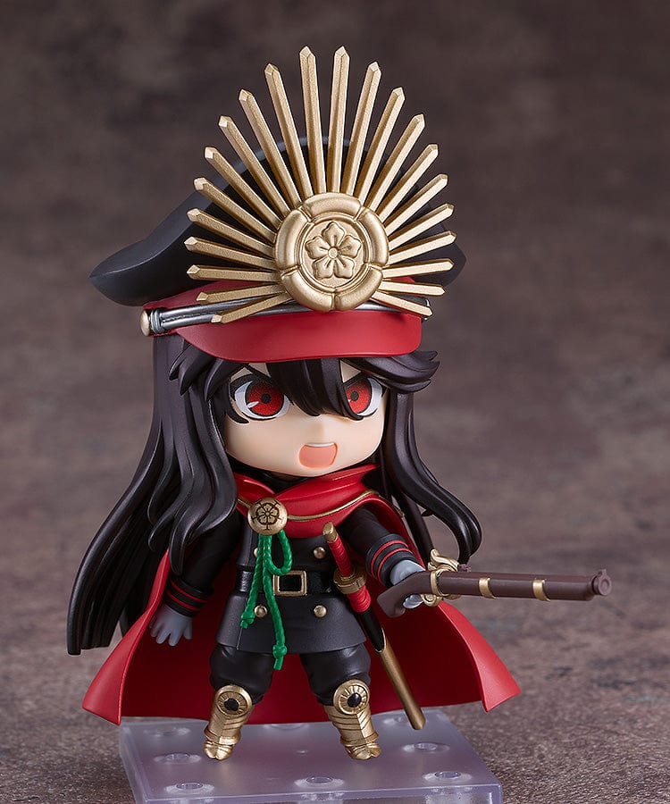 Fate/Grand Order Nendoroid No.2632 Oda Nobunaga (Archer) in black and gold military uniform with red cloak and sword.