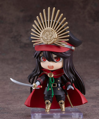 Fate/Grand Order Nendoroid No.2632 Oda Nobunaga (Archer) in black and gold military uniform with red cloak and sword.